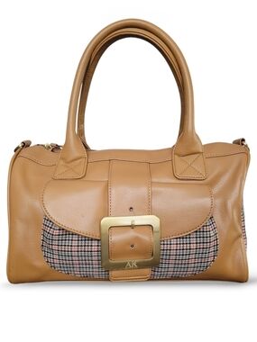 Anne Klein Plaid Satchel Bag Camel Faux Leather Top Handle Purse